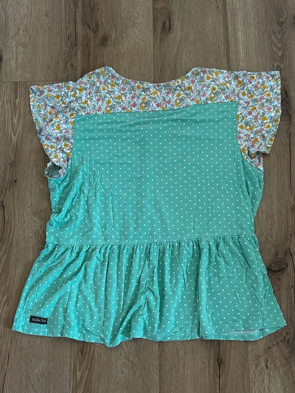 Matilda Jane Teal Polka Dot Floral Flutter Sleeve Peplum Top XL - Picture 4 of 4